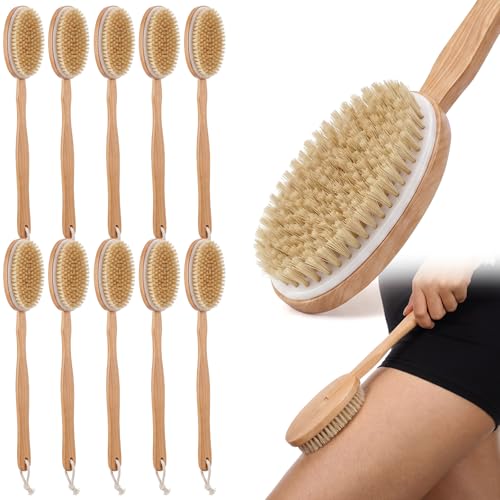 10 Pack Dry Brushing Body Brush Bulk Wooden Long Handle Soft Natural Boar Bristle Detachable Exfoliating Dry Brush for Women Men Deep Cleaning Lymphatic Drainage Cleaning Body Skin Care