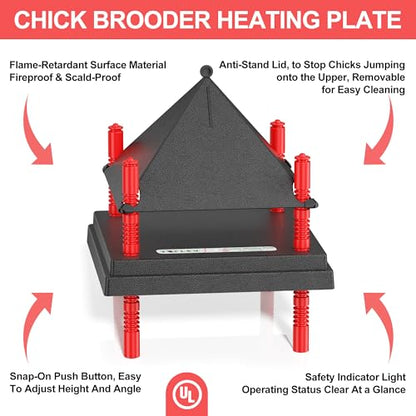 Chick Brooder Heating Plate with Anti Stand Cone, Adjustable Height Brooder Heater for Chicks, Downward Heat Distribution for Outdoor Barns & Coops (12" x 12" Black) - size: 12" x 12"