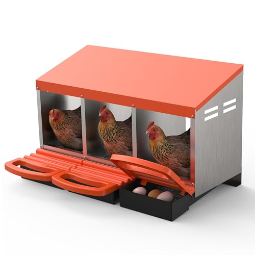 Metal Chicken Nesting Box with Easy-Collect Tray & Lid – 3/4/2x2 Compartment Heavy Duty Roll Away Nesting Boxes for Chickens, Wall Mount or Freestanding, Galvanized Steel Hen Laying Box for Coop - color: Orange, size: 30.7"L x 20.1"W x 20.1"H