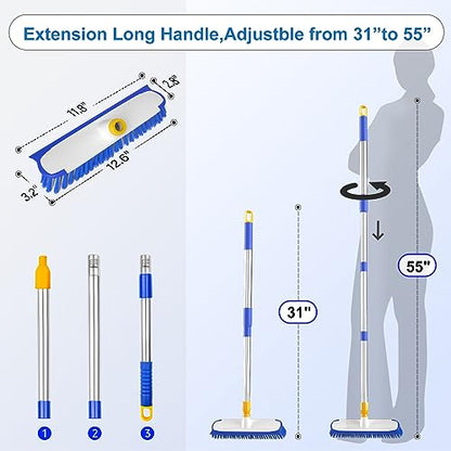 ITTAR 55" Extendable Floor Scrub Brush, 12" Wide Heavy-Duty 2-in-1 Scrub & Squeegee Deck Brush for Tile Grout Shower Floor, Kitchen, Restaurant, Patio & Garage Cleaning - color: Blue&white