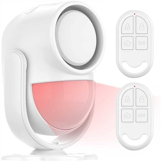 125dB Loud Motion Sensor Alarm with 328ft Dual Remote (40ft PIR Detector, 3*AA Batteries), Indoor Wireless Infrared Security Motion Detector with Siren for Homes/Sheds (White - 2 Remotes) - color: White And Pink