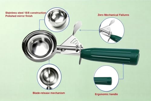 TOPKITCHEN Commercial-Grade Ice Cream Scoop 2.66 oz, 18/8 Stainless Steel Cookie Scoop with Plastic Handle, Portion Control Disher Scoop for Bakeries,Restaurants & Dessert Shops, #12, Green - size: 2.66 oz - Green