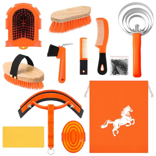 Abbylike 12 Pieces Horse Grooming Kit Racing Festival Tack Room Supplies Horse Brush Sets Equine Care Cleaning Kit Shedding Grooming Massaging Tools(Orange) - color: Orange
