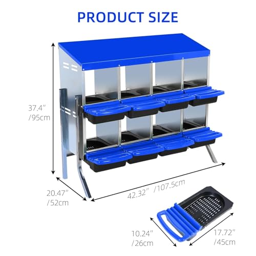 GarveeHome 2-Tier Chicken Nesting Box, 8 Compartment Metal Chicken Laying Boxes with Waterproof Roof ＆ Removable Trays for Hens, Poultry，Easy Egg Collection - color: Blue, size: 8 holes with legs