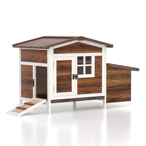GOJOOASIS Chicken Coop for 2 Chickens Outdoor Rabbit Hutch Chicken House Cage with Ramp & Nesting Box for Small Animals (Brown) - color: Brown