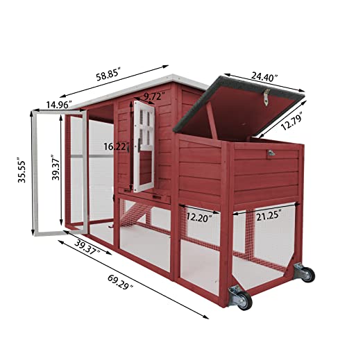 PetsCosset 75" Wooden Chicken Coop with Run and Wheels for 1–4 Chickens, Backyard Hen House with Nesting Box, Removable Tray, Ramp & Weather-Resistant Roof, Red - color: Chicken Coop large-Red, size: 75.0"L x 26.0"W x 39.0"H