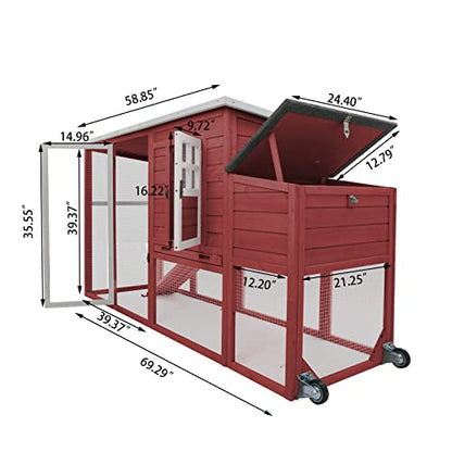 PetsCosset 75" Wooden Chicken Coop with Run and Wheels for 1–4 Chickens, Backyard Hen House with Nesting Box, Removable Tray, Ramp & Weather-Resistant Roof, Red - color: Chicken Coop large-Red, size: 75.0"L x 26.0"W x 39.0"H