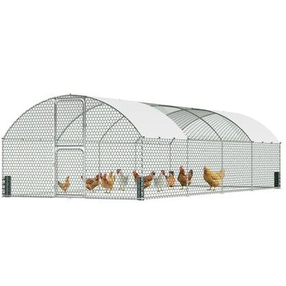 Large Metal Chicken Coop, Chicken Run with Feeding Door, Security Lock and Cover, Outdoor Walk-in Duck/Rabbit Cage Poultry Pen for Backyard, Farm, Yard (Silver - Dome Roof, 26.2 x 9.8 x 6.6 FT) - size: 314.0"L x 118.0"W x 78.7"H