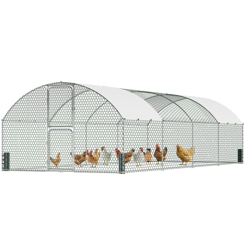 Large Metal Chicken Coop, Chicken Run with Feeding Door, Security Lock and Cover, Outdoor Walk-in Duck/Rabbit Cage Poultry Pen for Backyard, Farm, Yard (Silver - Dome Roof, 26.2 x 9.8 x 6.6 FT) - size: 314.0"L x 118.0"W x 78.7"H