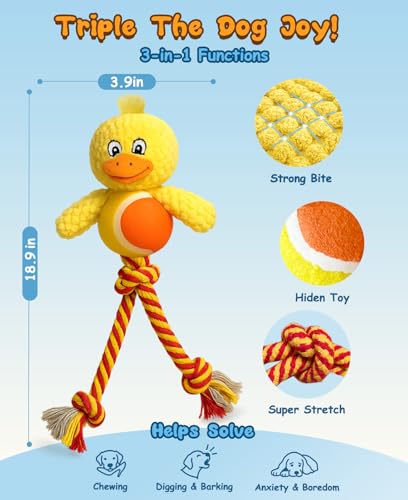Swooflia Durable Squeaky Dog Toy - Interactive Plush Cute Duck with Rope Legs, Teeth Cleaning Tug Toy for Small Medium and Large Dogs, Puppy Chew Toy for Training and Play - color: Yellow
