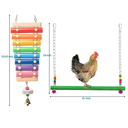 Chicken Toys for Coop 9PCS Set, KAKUNM Chicken Enrichment Toys, Including Xylophone, Swing, Chicken Mirror, Chicken Flexible Ladder, Vegetable String Bag and Hanging Feeder Coop Toy Accessories - color: 9PCS