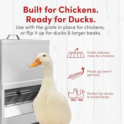 RentACoop Metal Trough Feeder with Lid & Rain Cover – Galvanized Steel, Gravity-Fed, Side View Window, Adjustable Grate for Easy Cleaning – Suitable for Chickens, Ducks, Poultry & More – 25lb Capacity - size: 25LB Capacity