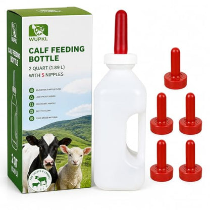 Screw Nipple Calf Feeding Bottle 2 Quart – Leak-Proof Milk Feeder with Ergonomic Handle, Easy Clean, Includes 5 Nipples, Farm & Ranch Feeding Set (One-Piece Bottle, 1 Pack)