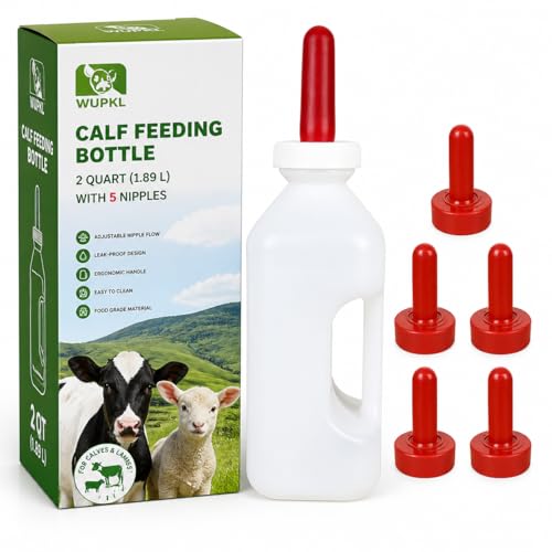 Screw Nipple Calf Feeding Bottle 2 Quart – Leak-Proof Milk Feeder with Ergonomic Handle, Easy Clean, Includes 5 Nipples, Farm & Ranch Feeding Set (One-Piece Bottle, 1 Pack)