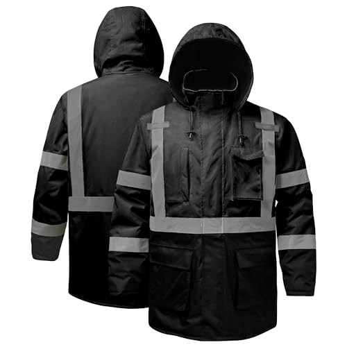 Reflective Jacket, High Visibility Parka, Waterproof Hi Vis, Safety Jacket with Removable Hood and Zipper, ANSI Class 3 (Black,Large) - color: Black-parka, size: Large