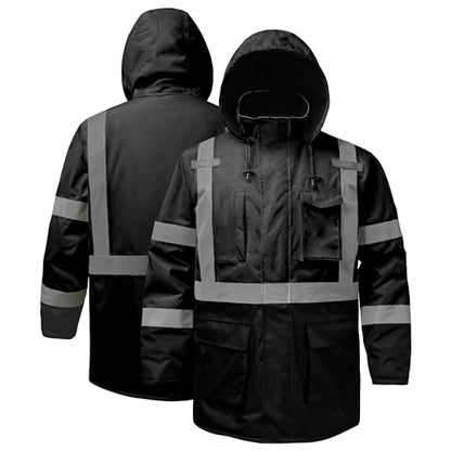 Reflective Jacket, High Visibility Parka, Waterproof Hi Vis, Safety Jacket with Removable Hood and Zipper, ANSI Class 3 (Black,2XL) - color: Black-parka, size: XX-Large