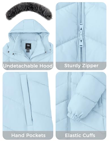 ZSHOW Women's Long Winter Coat Waterproof Warm Quilted Puffer Jacket with Faux Fur Hood - color: Light Blue, size: Small