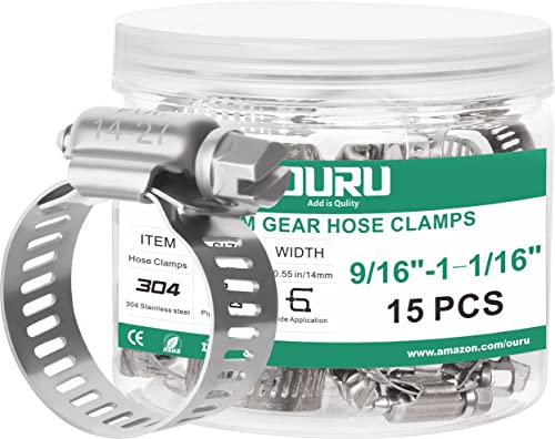 OURU 15PCS Hose Clamps Stainless Steel Adjustable 9/16"– 1-1/16"(14-27mm) Worm Gear Hose Clamp, Heavy Duty Metal Small Hose Clamps for Automotive, Pipe, Radiator Plumbing, Fuel Line - size: 9/16"-1-1/16"(14-27mm)