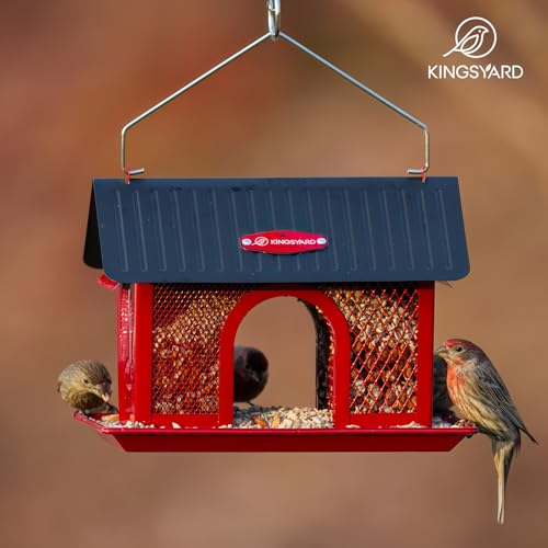 Kingsyard Bird Feeder for Outdoors Hanging, Dual-Use Metal Mesh Wild Bird Feeders with Seed Tray & Weatherproof Roof, 3 lbs Large Capacity, Red - color: Red