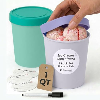 StarPack Freeze The Day Homemade Ice Cream Containers (2-Pack, 1 Quart) - Airtight Silicone Lids, BPA-Free Reusable Ice Cream Freezer Containers with Lids, Stackable, Lavender & Mint - color: Mint / Lavender, size: 2-Pack 1Qt