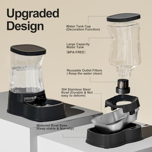 Gardner Pet Automatic Dog Water Dispenser Gravity Stainless Steel Water Waterer Feeder, 100% BPA-Free Large Capacity Water Feeding Bowls for Medium & Large-Sized Dogs Cats Other Pets -(1 Gallon) - color: Dark, size: 1 Gallon