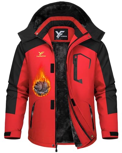 Yufawow Men's Ski Jacket Waterproof Warm Snowboard Jacket Insulated Winter Coat for Outdoor Cold Weather Sports Work - color: Black Red, size: Medium