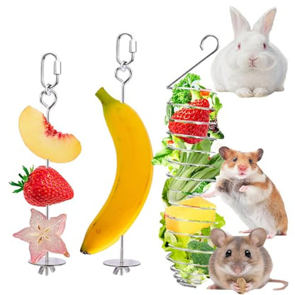3 Pack Rabbit Toys, Bunny Rat Cage Food Holder Stainless Steel Slow Feeder Hanging Accessories for Rat Guinea Pig Chinchillas Rabbits Hamster Foraging Enrichment Small Animal Toys
