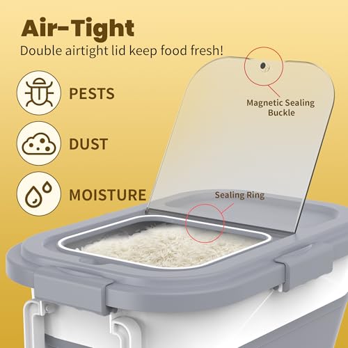 HOYTAMDA 20-30Lbs Rice Container,Collapsible Airtight Food Storage Containers with Wheels,Handle,Rice Storage Container with Small Bin and Scoop - color: Grey/20-30lbs