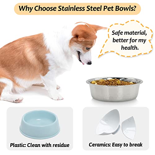 Fhiny 3 Pack Hammered Stainless Steel Cat Bowls, 2 Cups/16 Oz Premium Metal Puppy Feeder Bowl Set for Raised Feeding Station Basic Kitten Food & Water Dishes for Small & Medium Pets Dishwasher Safe - size: 2 Cups/16 Oz