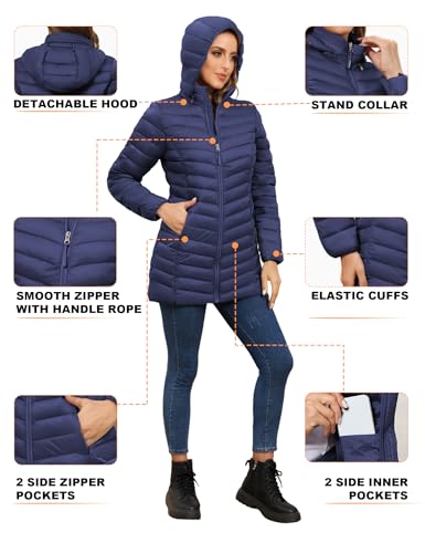 ROYAL MATRIX Women's Packable Puffer Jacket - Lightweight Winter Warm Long Quilted Puffer Coat with Detachable Hood - color: Navy Blue, size: XX-Large