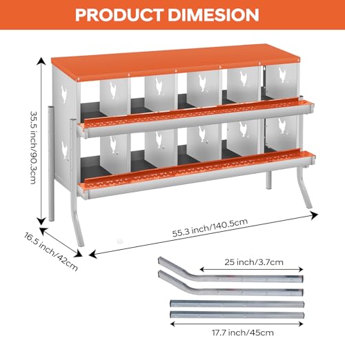 GarveeLife Chicken Nesting Box, 10 Compartments Nesting Box for Chickens, Two-Tier Galvanized Steel Chicken Egg Laying Box with Large Vented Holes Wall Mounting for Easy Egg Collection - color: Orange | 10 Compartments