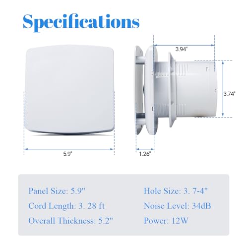 WiseWater Bathroom Exhaust Fan, 110V ac 56CFM 34 dB 4” Duct 6" Panel Extractor Fan, Ceiling&Wall Mounted Ventilation Fan for Bathroom, Laundry Room, Bedroom, Office - size: 4"