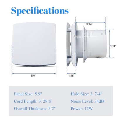 WiseWater Bathroom Exhaust Fan, 110V ac 56CFM 34 dB 4” Duct 6" Panel Extractor Fan, Ceiling&Wall Mounted Ventilation Fan for Bathroom, Laundry Room, Bedroom, Office - size: 4"