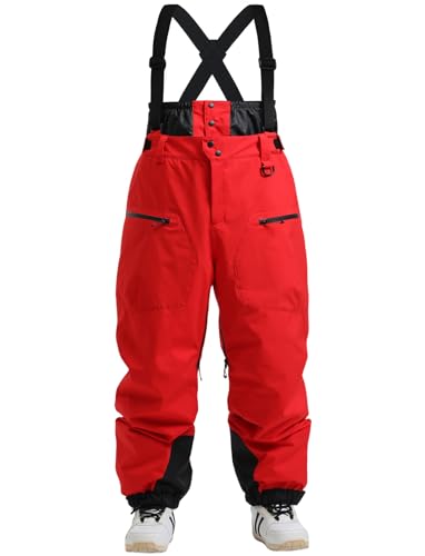 GSOU SNOW Men Women Snowboard Pants-Baggy Ski Snow Bibs | 15K Waterproof Overalls,Insulated Windproof Breathable,Detachable Shoulder Straps - color: Red, size: Large