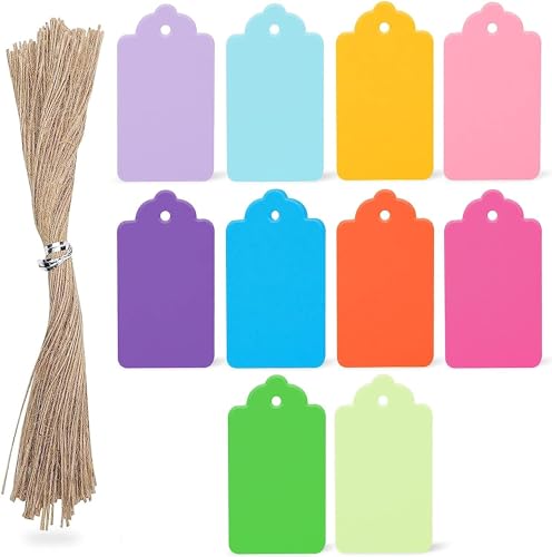 SallyFashion 200PCS Gift Tags with String Attached, 2.8x1.6 inch Colored Paper Tags Decorative Hanging Labels 10 Assorted Colors for Gift Box Wedding - size: Small