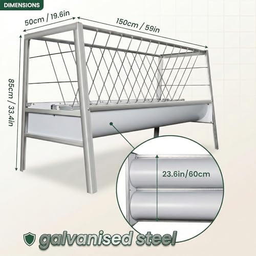 100 Gallons Heavy-Duty Goat Hay Feeders with Detachable Grain Tray, Anti-Rust Horse Trough, Galvanized Steel Hay Feeder for Goats/Sheep/Horse/Cow, No Need for Maintenance/Easy to Assemble