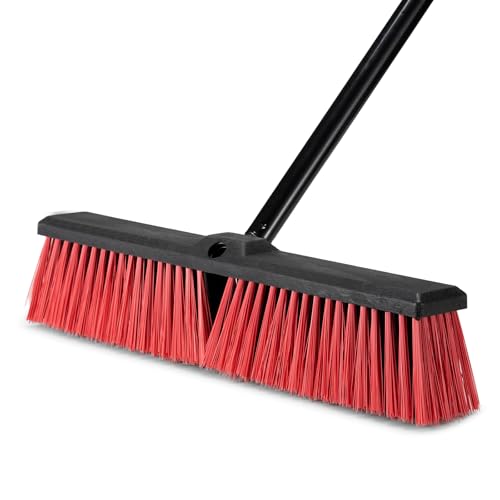 18 Inch Heavy Duty Push Broom Outdoor with 63" Long Handle Stiff Bristle Brush for Patio,Deck,Driveway,Garage,Yard,Warehouse&Concrete Floor Cleaning (Red)
