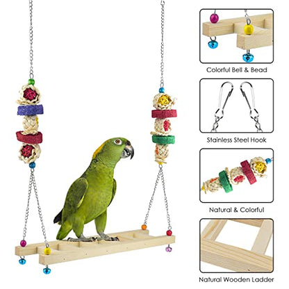 ERKOON Chicken Swing Ladder Toys with Natural Wooden Chicken Perch, Chicken Wood Stand Toy for Hens, Handmade Chicken Coop Swing Ladder Toys for Bird Parrot Hens Small Parakeets Cockatiels Macaws