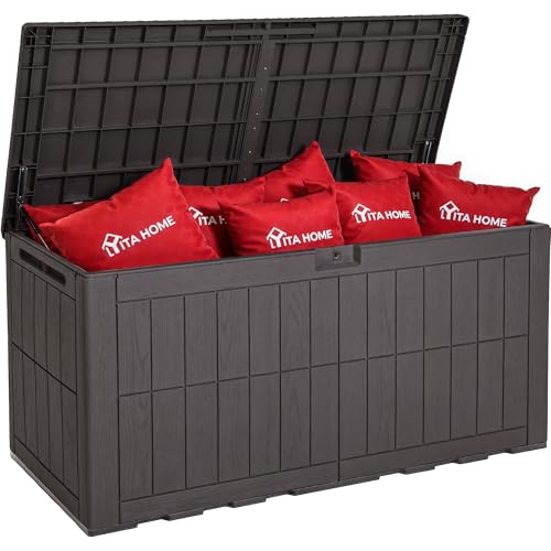 YITAHOME 134 Gallon Large Outdoor Storage Box with Lock, Waterproof Deck Box with Hydraulic Piston for Garden Tools, Pool Accessories & Cushions, Resin Deck Organizer with Bench Seat (Dark Brown) - color: Dark Brown, size: 134 Gallon, style: Deck Box