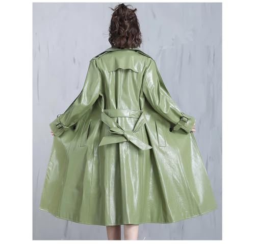 Adhdyuud Women Long Shiny Reflective Pattern Leather Coat Autumn Adjustable Belt Belt Jacket EN8 M