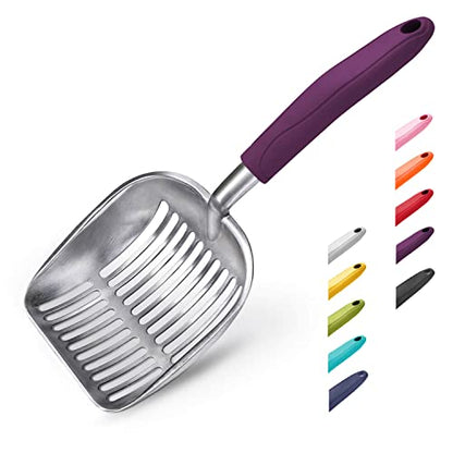 WePet Cat Litter Scoop, Aluminum Alloy Sifter, Kitty Metal Scooper, Deep Shovel, Long Handle, Poop Sifting, Kitten Pooper Lifter, Durable, Heavy Duty, for Litter Box - color: FLAT Aluminum \ #07 Violet Handle, size: Large