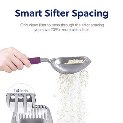 WePet Cat Litter Scoop, Aluminum Alloy Sifter, Kitty Metal Scooper, Deep Shovel, Long Handle, Poop Sifting, Kitten Pooper Lifter, Durable, Heavy Duty, for Litter Box - color: FLAT Aluminum \ #07 Violet Handle, size: Large