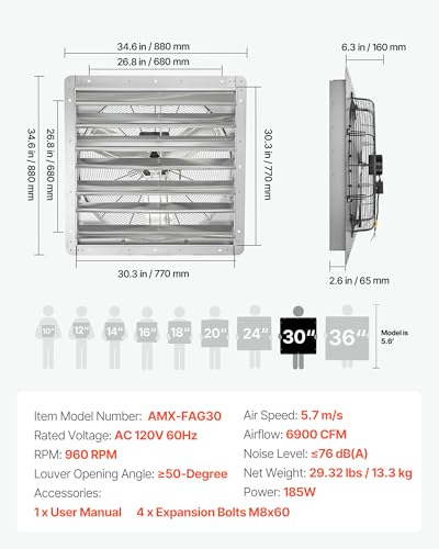 VEVOR 30'' Exhaust Fan, Wall Mounted Attic Fan with Variable Speed, 6900 CFM, Automatic Shutter, Ventilation and Cooling, Silver, Fan Only - size: 30 Inch