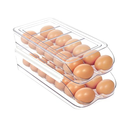 MesRosa Egg Holder for Fridge, Automatic Rolling Egg Organizer for Refrigerator, Clear Plastic Egg Container & Tray, Stackable Dispenser and Storage Bin with Sturdy Lid to Saving Space -2 Layer - size: 2 Layer Holder 28 Eggs