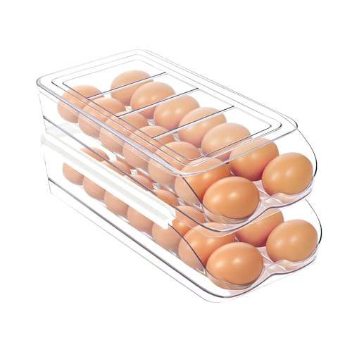 MesRosa Egg Holder for Fridge, Automatic Rolling Egg Organizer for Refrigerator, Clear Plastic Egg Container & Tray, Stackable Dispenser and Storage Bin with Sturdy Lid to Saving Space -2 Layer - size: 2 Layer Holder 28 Eggs