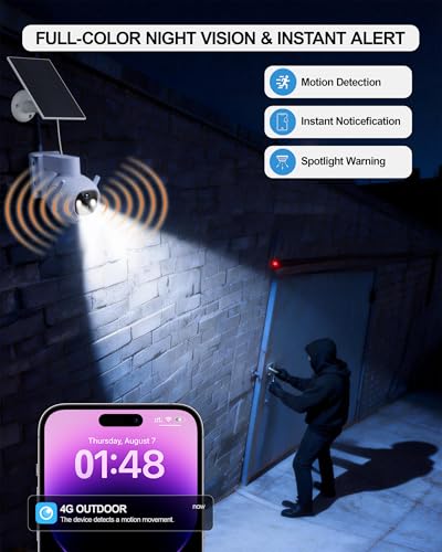 4G LTE Cellular Security Camera, No WiFi Needed, Solar Powered with Built-in eSIM, 2K Pan Tilt, PIR Motion Detection & Auto Tracking, Color Night Vision for Farm, Ranch, Barn & RV