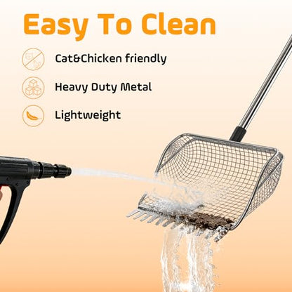 Chicken Poop Scooper for Chicken Coop, Stainless Steel Durable Manure Shovel with Infinitely Adjustable Length Handle, Poultry Cleaning Tool (1-Pack)