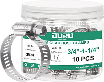 OURU 10PCS Hose Clamps Stainless Steel Adjustable 3/4"–1-1/4"(18-32mm) Worm Gear Hose Clamp, Heavy Duty Metal Small Hose Clamps for Automotive, Pipe, Radiator Plumbing, Fuel Line - size: 3/4"-1-1/4"(18-32mm)