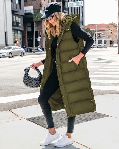 BTFBM Long Puffer Vest Women Quilted Hooded Button Down Zip Up Sleeveless Vests Outerwear Padded Jacket Fall Winter Coat - color: Army Green, size: Small