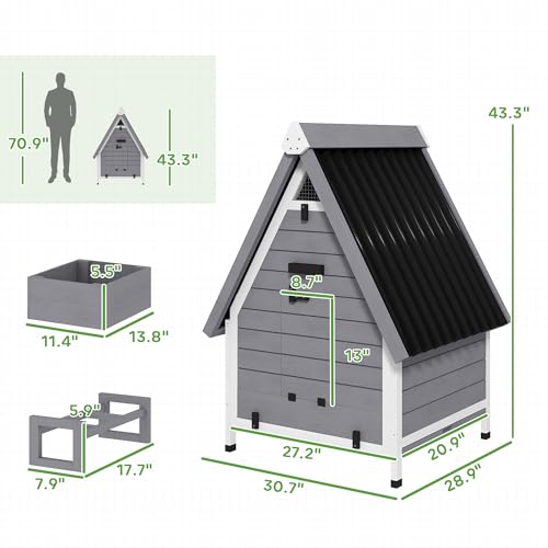 PawHut Chicken Coop for 2 Hens, Outdoor Wooden Chicken House with Removable Nesting Box & Roosting Bar, Tray, Ramp, Poultry Cage Rabbit Hutch, 31" x 29" x 43", Grey